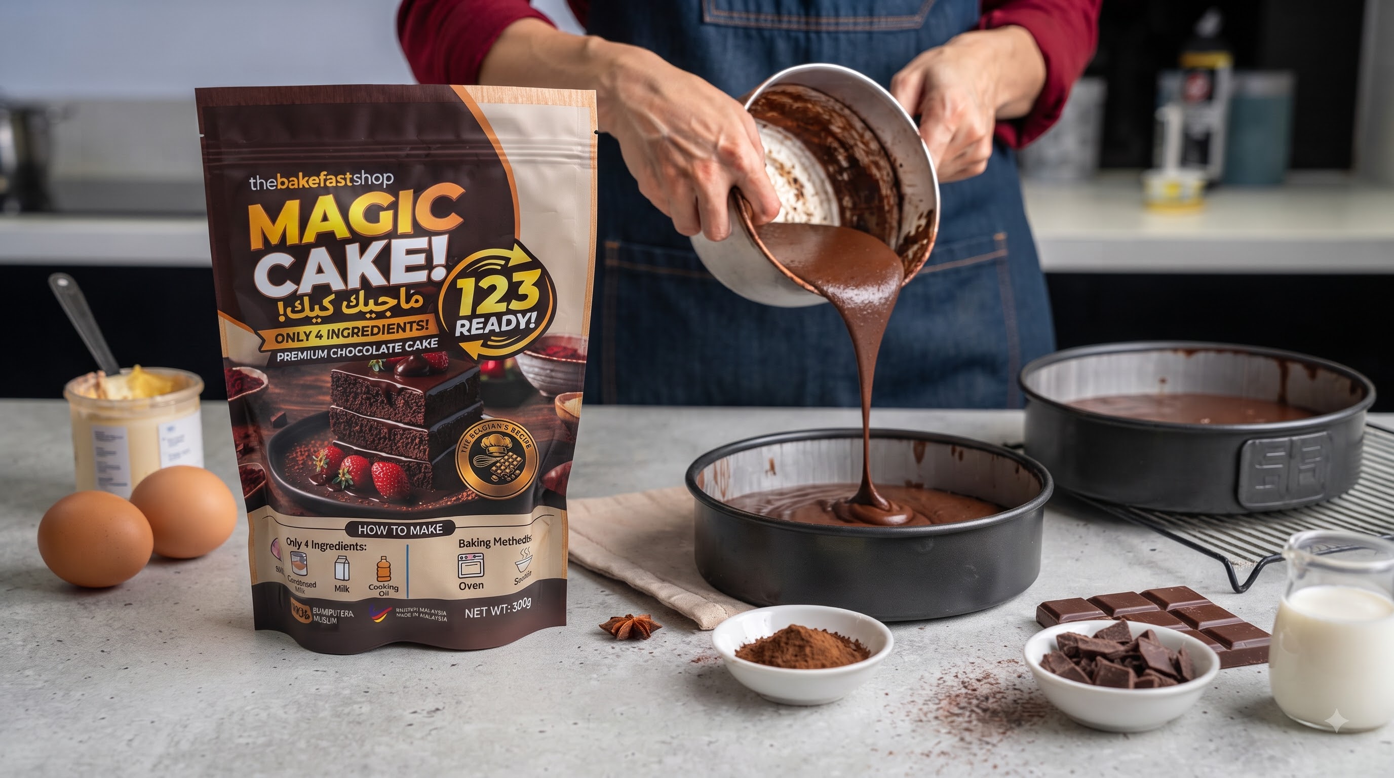 Bancuhan Magic Cake sedang dituangkan ke dalam loyang